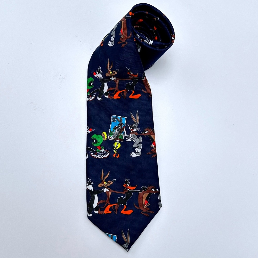 Vintage 1997 Looney Tunes Stamp Collection Navy Blue Character Silk Tie USA Made